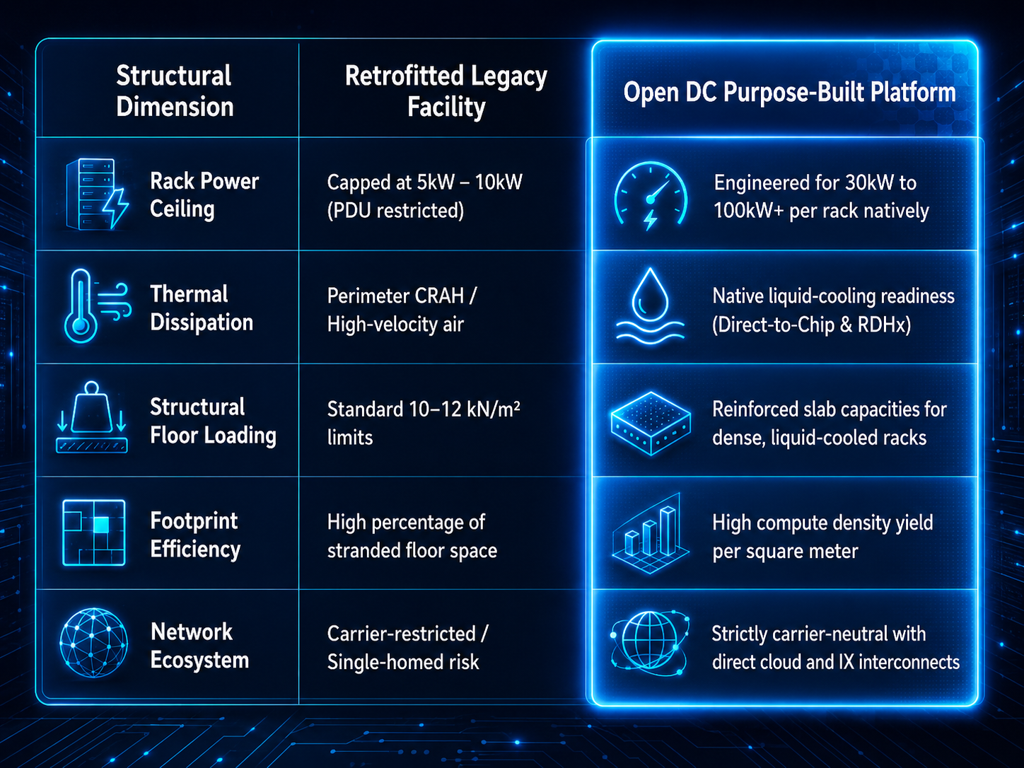 Comparison between a retrofitted legacy facility and the Open DC purpose-built platform