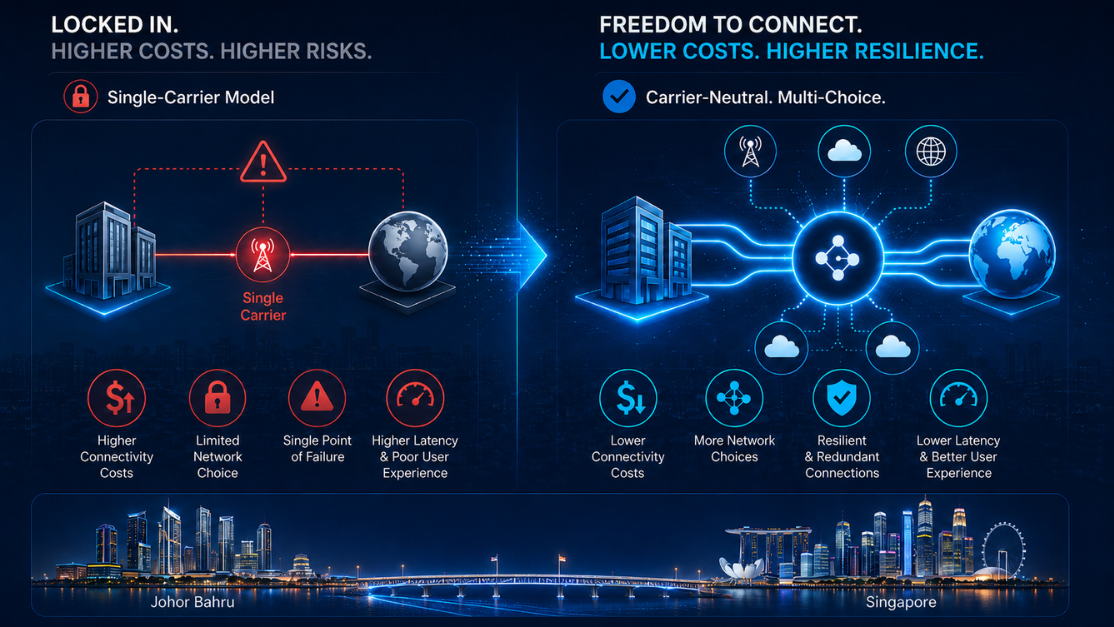 Comparison between single-carrier vendor lock-in and carrier-neutral connectivity