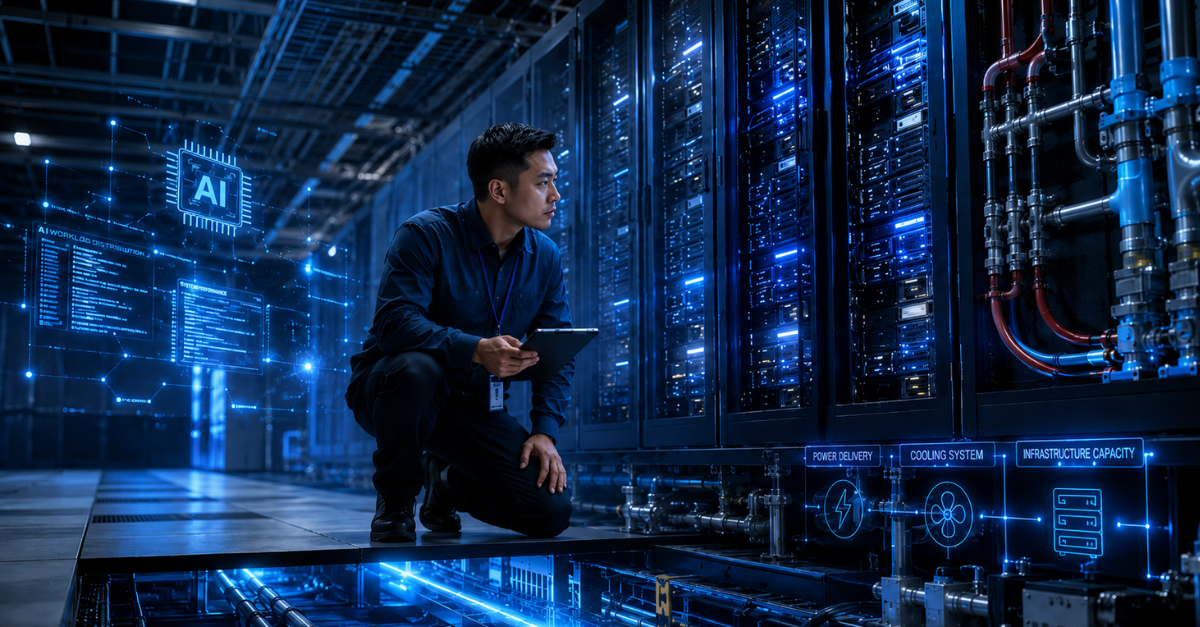 Man looking at Data Centre Rack