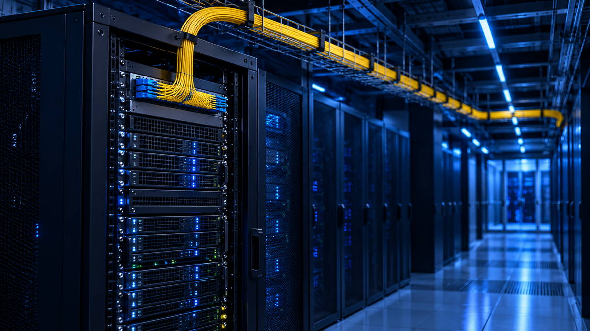 A server rack in an Open DC data centre with a fibre cross-connect running to the DE-CIX Malaysia exchange in the same building